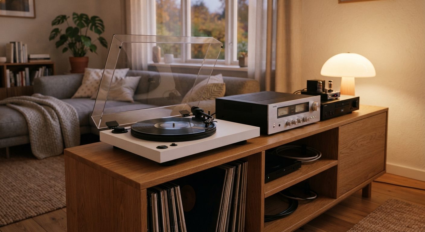 Pladespiller tilsluttet hifi-anlæg i hyggelig dansk stue