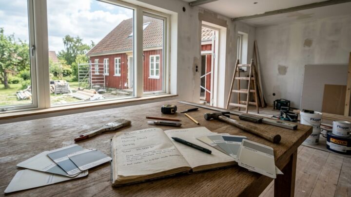 Budgetplanlægning til renovering af hus med værktøj og tegninger på bord