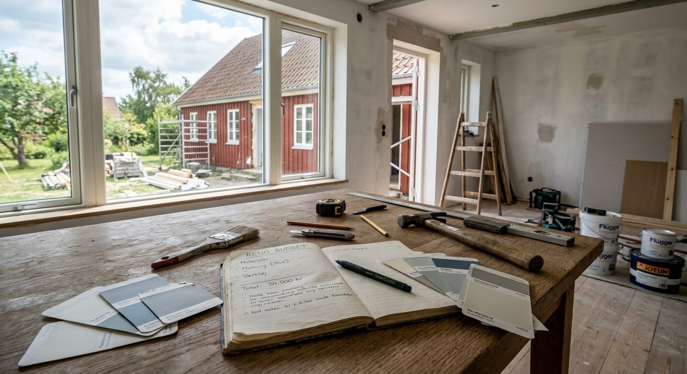 Budgetplanlægning til renovering af hus med værktøj og tegninger på bord