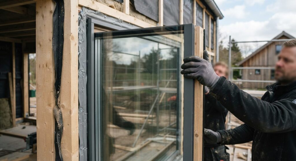 Nyt vindue med trelagsruder monteret i hus for bedre isolering