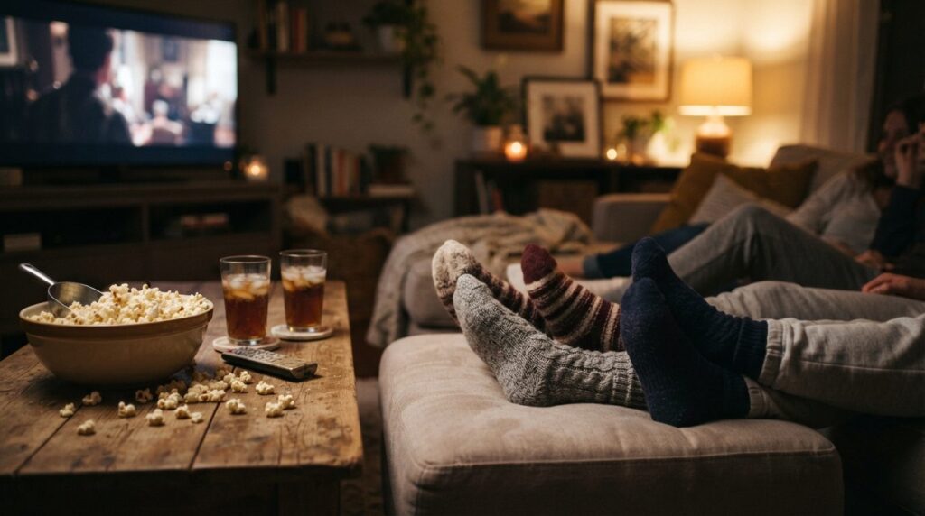 Close-up of friends feet on ottoman wearing cozy socks, sca