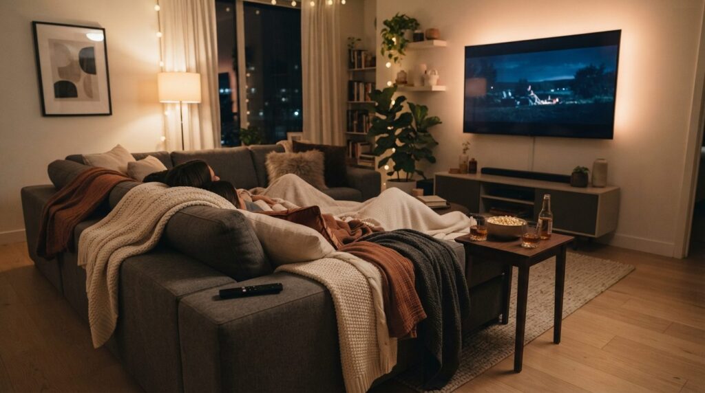 Modern minimalist living room setup for movie night with com