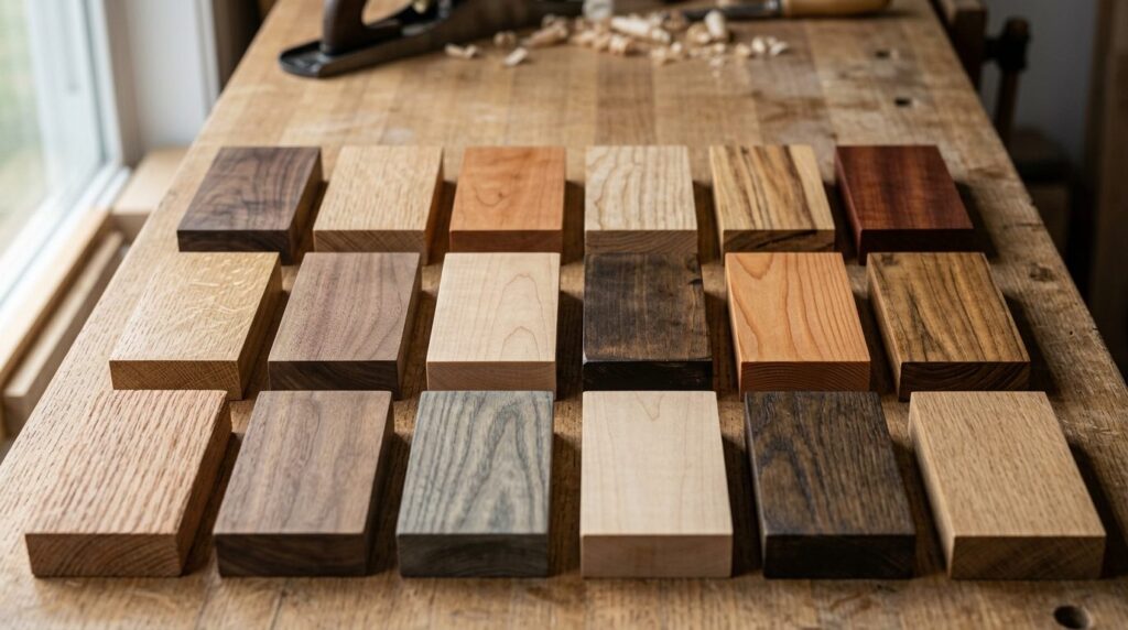 Close-up detail shot of different wood samples and material 
