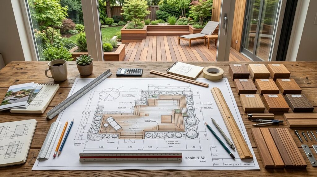 Overhead view of a landscape designers workspace with bluep