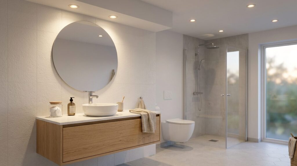 Bright modern bathroom with strategically placed dimmable LE