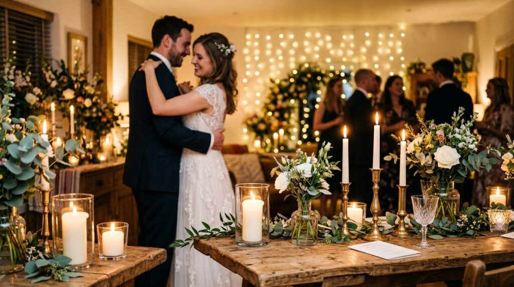 Photorealistic close-up of cozy home wedding ambiance with l