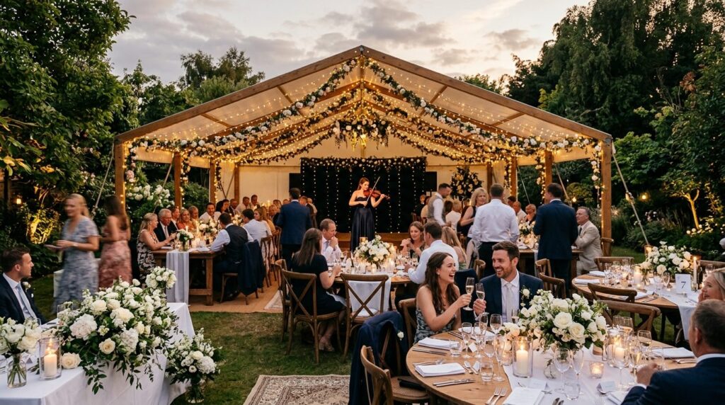 Professional photorealistic image of garden marquee wedding 
