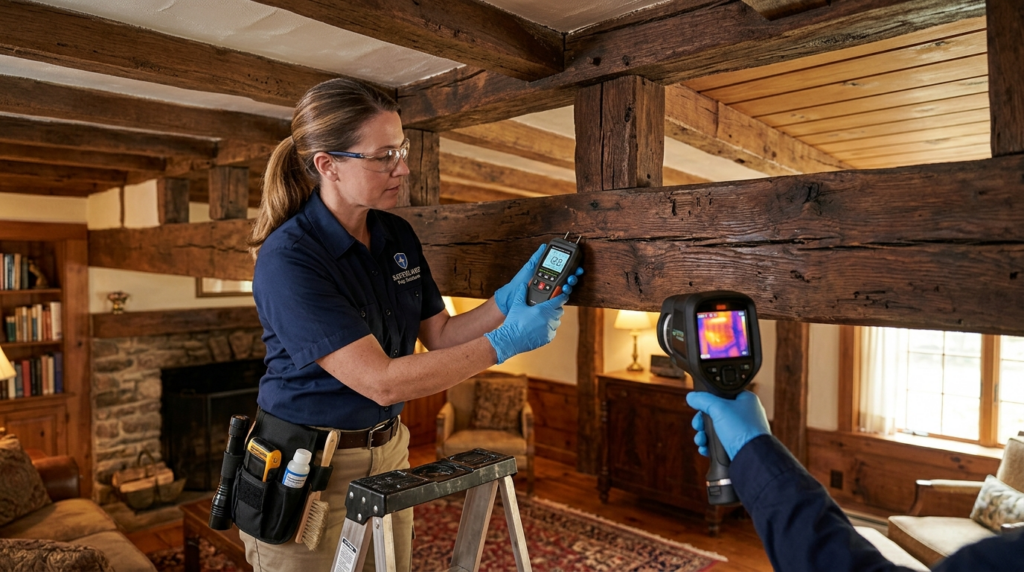 Professional treatment scene showing a pest control expert i