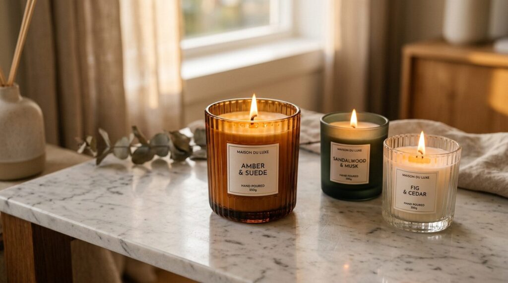 Close-up of luxury scented candles burning with soft flicker