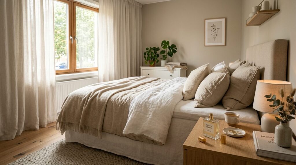 Elegant scandinavian bedroom with open perfume bottle on bed