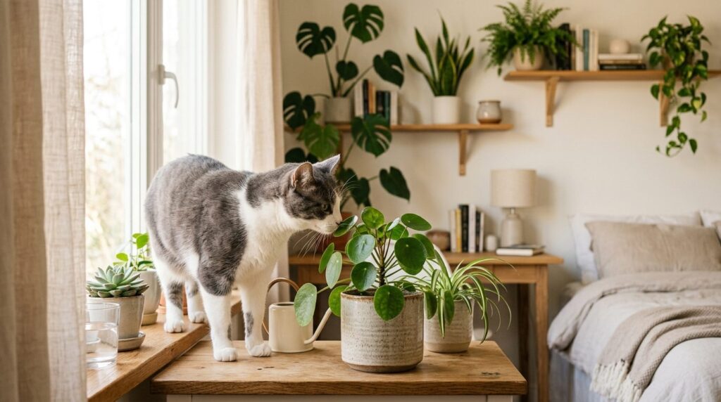 A curious gray and white cat carefully sniffing a potted hou