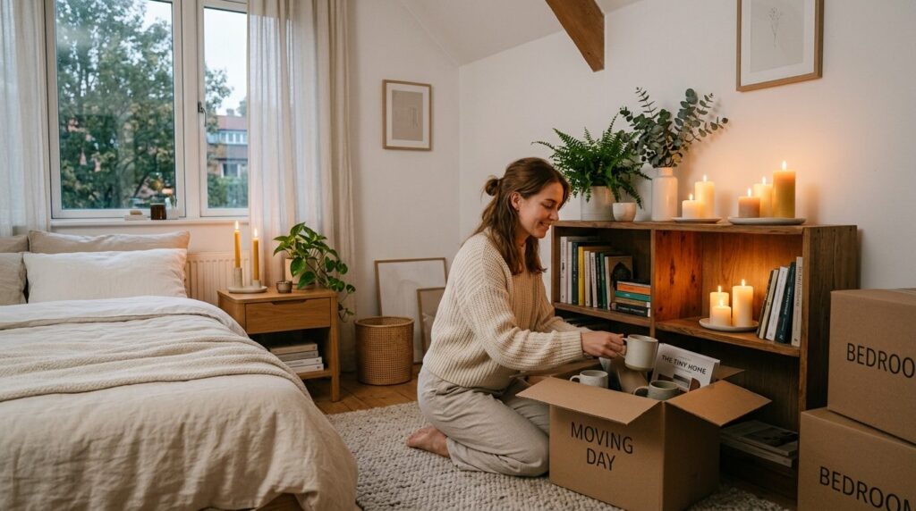 Cozy, serene moving moment: unpacking boxes in a Scandinavia