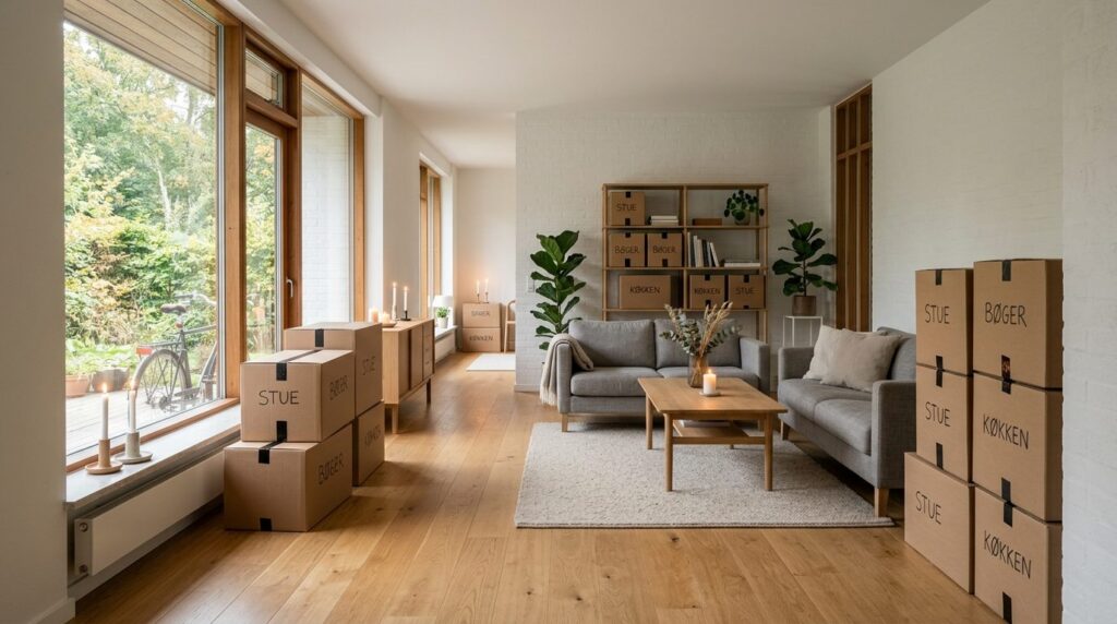 Tranquil moving day scene in modern Charlottenlund home: mov