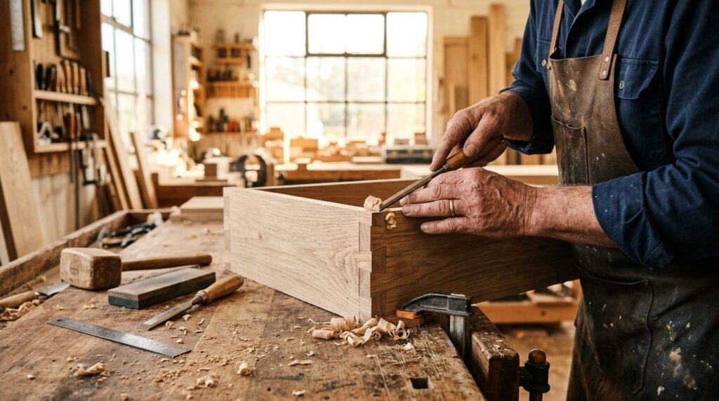 Close-up professional photograph of master craftsmans hands