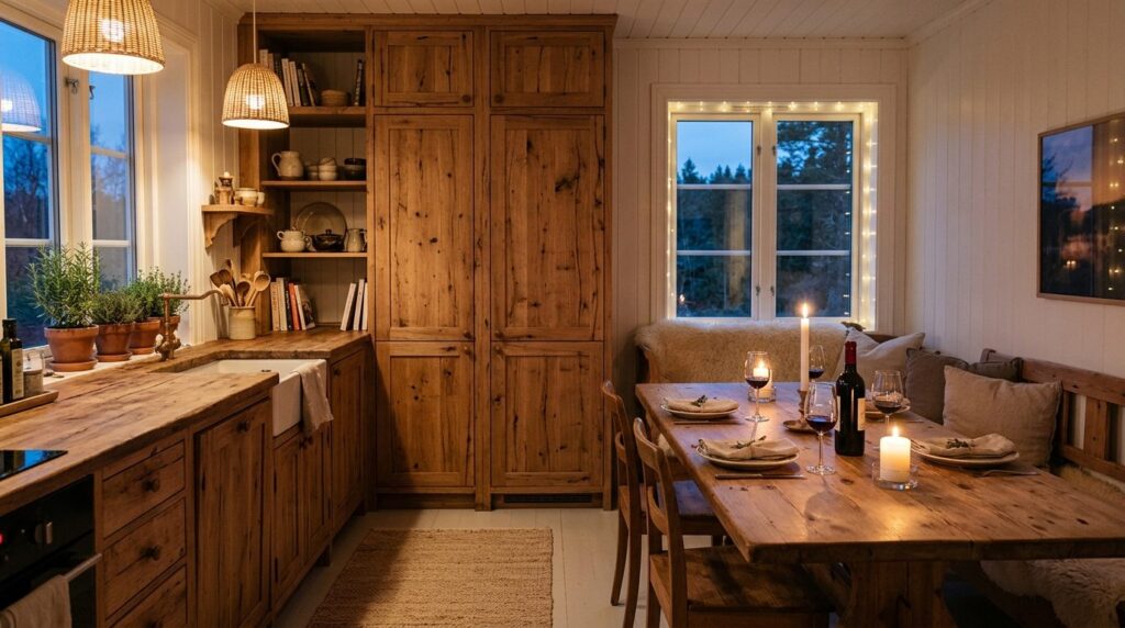 Warmly lit Scandinavian wooden kitchen interior at dusk, fea