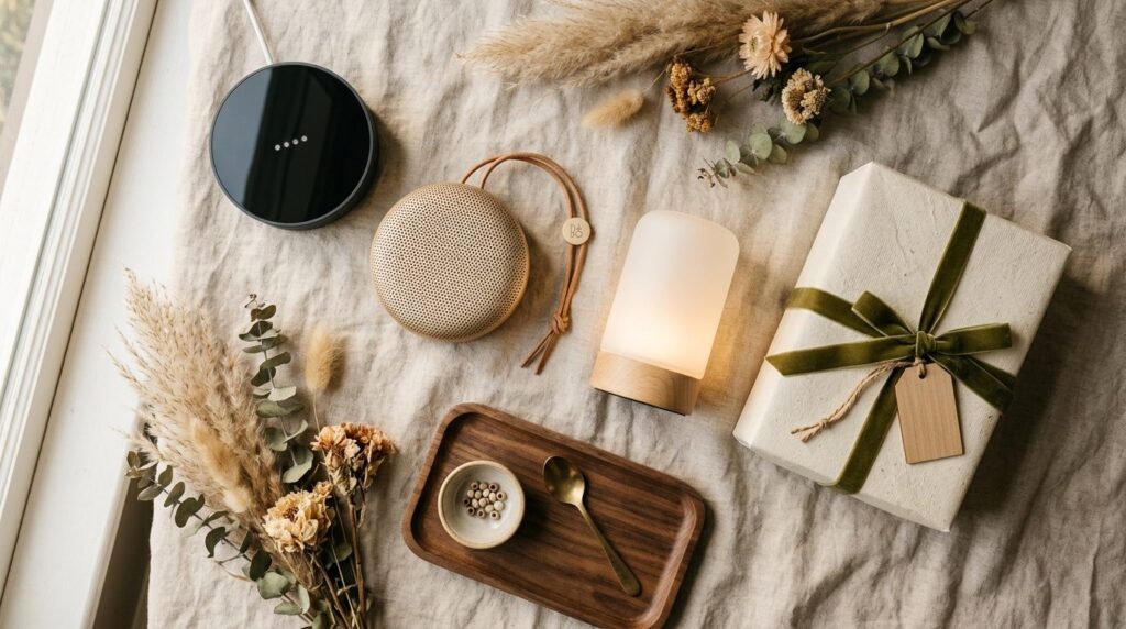 Close-up flat lay of curated tech gift items on a soft linen