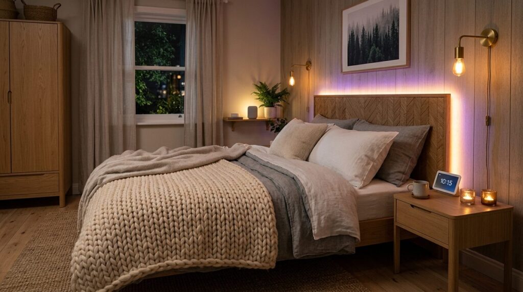 Scandinavian bedroom at night with smart home gadgets creati