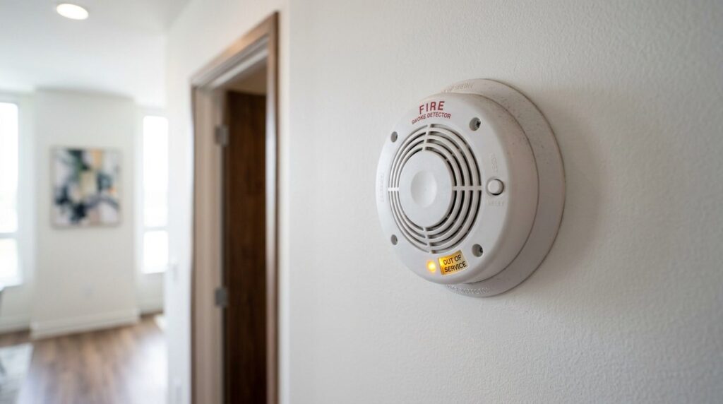 Close-up of a residential fire alarm system mounted on a whi