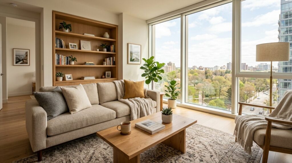 Peaceful residential living room in a modern apartment build