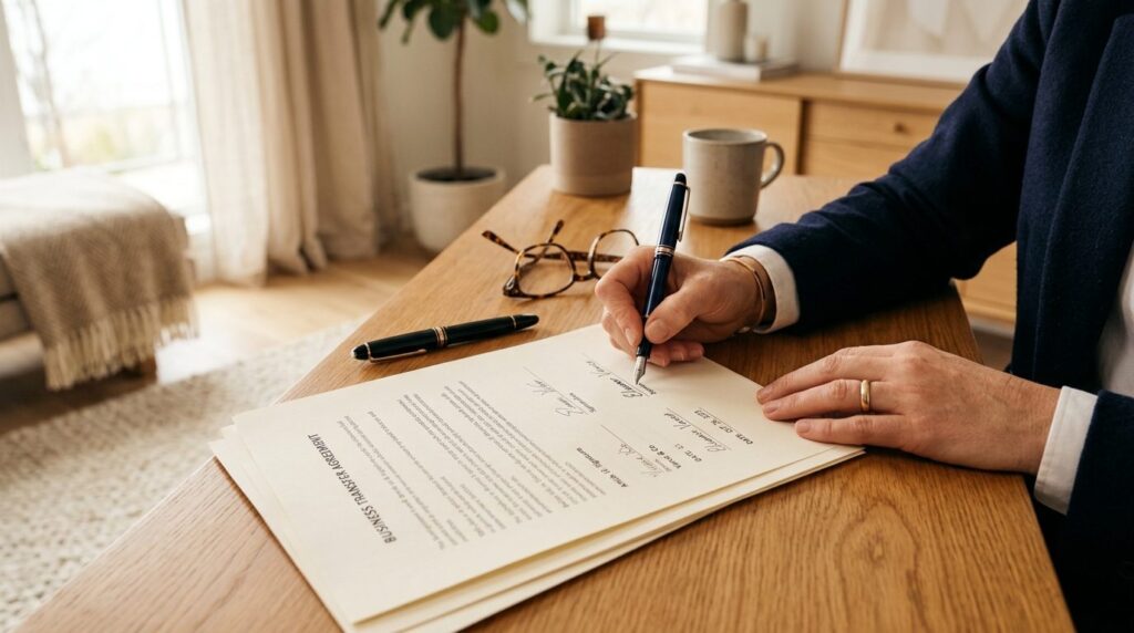 Close-up of a confident business owners hands signing offic