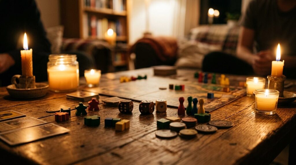 Close-up of board game pieces and dice on a wooden table sur