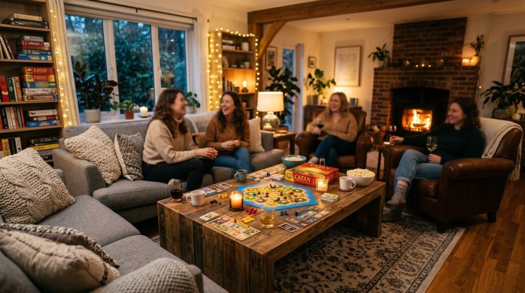 Wide shot of a living room arranged for game night: comforta