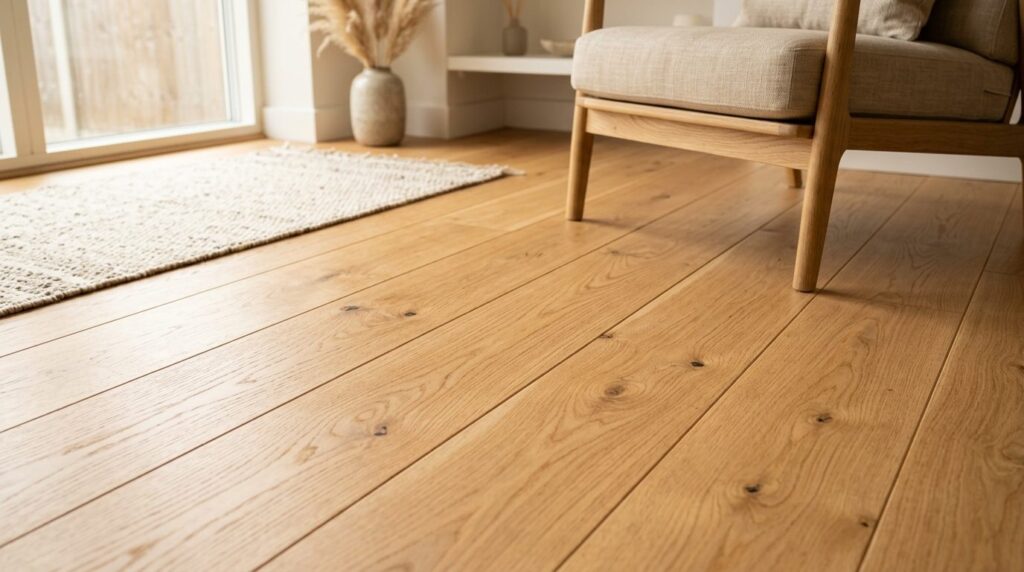 Close-up detail of light honey-colored wooden floor planks i