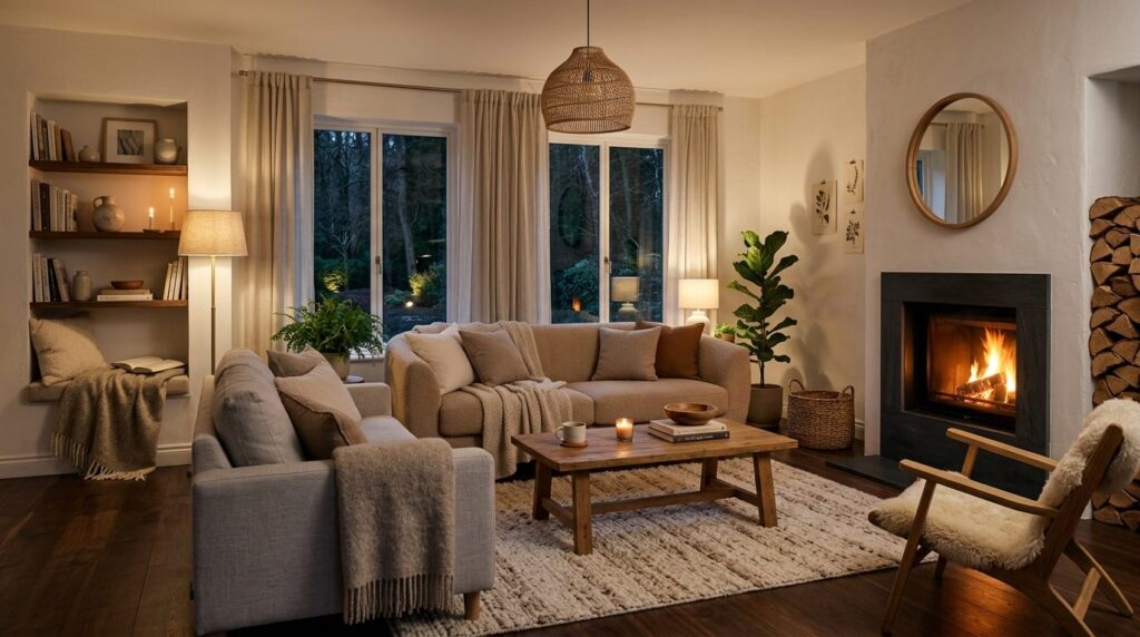 Scandinavian living room interior with dark walnut wooden fl
