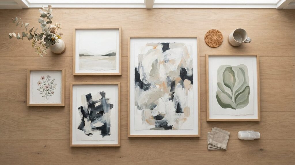 Overhead flat-lay composition of multiple hand-painted art r