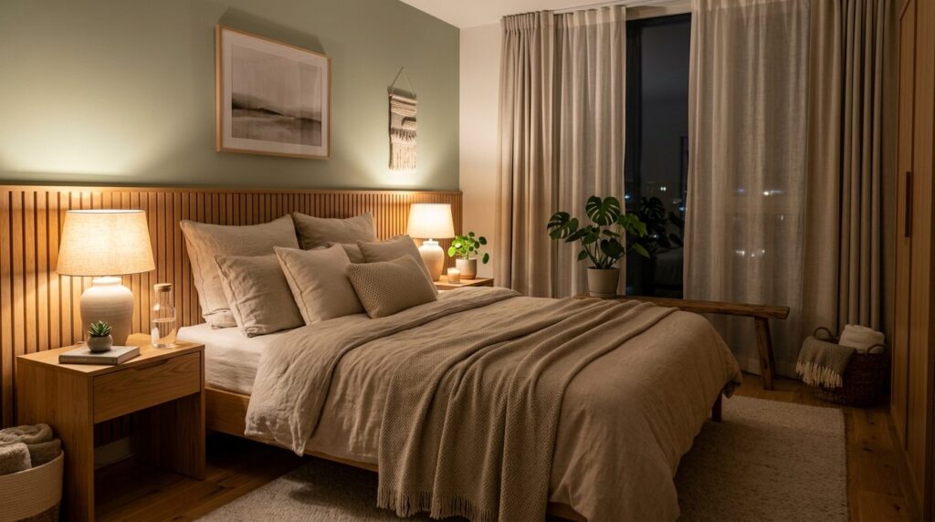A serene bedroom interior at night with soft ambient lightin