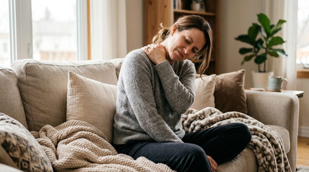 Close-up of woman stretching her back and neck while sitting