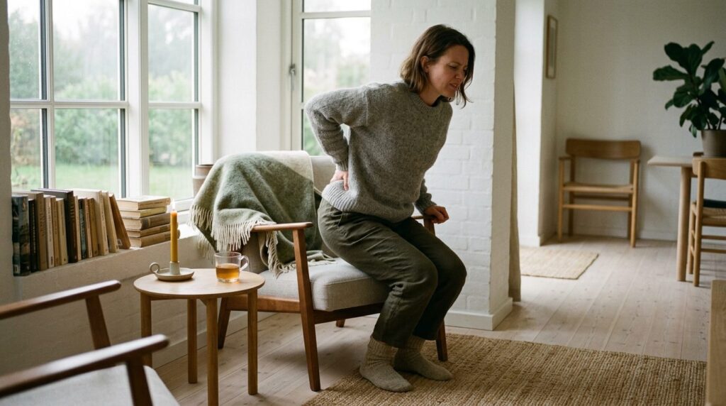 Person standing up from cozy reading nook with visible tensi
