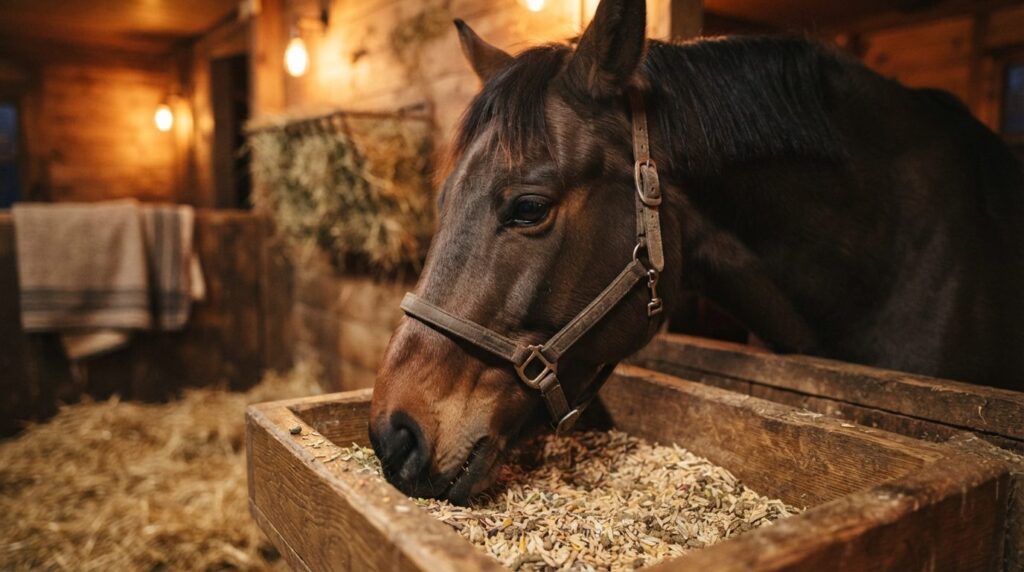 Close-up of a horse eating supplementary feed from a wooden 