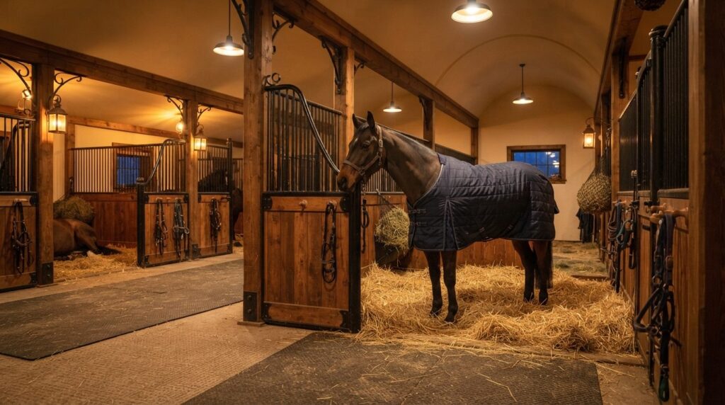 Interior of a cozy horse stable at dusk with warm lighting, 
