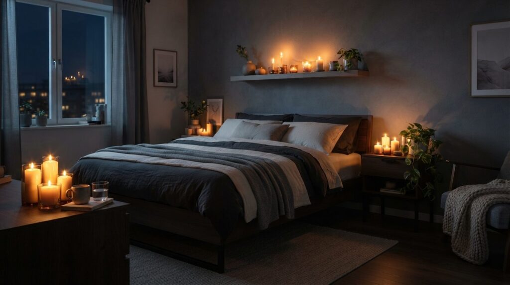 Modern Scandinavian bedroom at night with multiple scented c