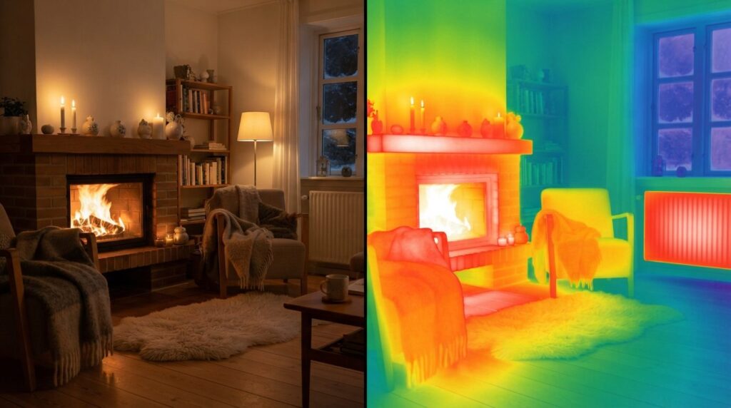 Thermal imaging or split-screen view of a cozy living room c