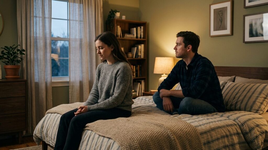 Couple in a bedroom with soft evening lighting, sitting on t