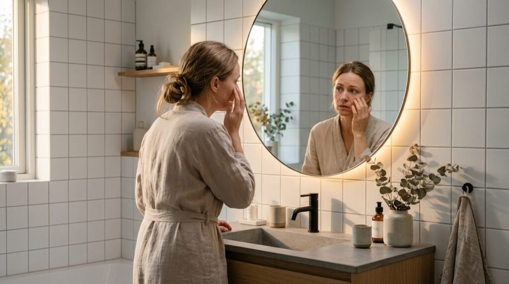 Minimalist Scandinavian bathroom interior with vanity mirror