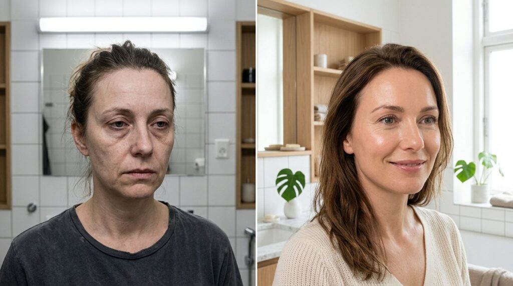 Before and after style split-screen concept: womans face in