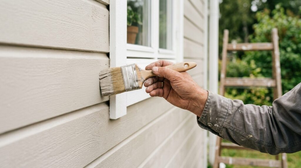 Close-up realistic photograph of painters hand holding pain