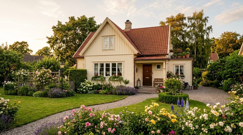 Wide angle photograph of a cozy Danish residential home exte