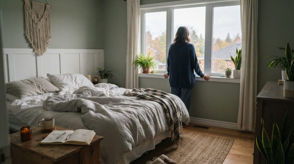 Photorealistic stock photo of a modern cozy bedroom with unm
