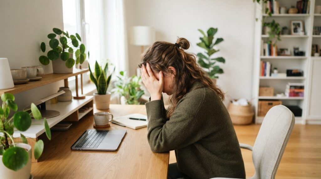 Photorealistic stock photo of a person in a bright, organize