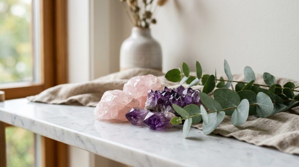 Close-up detail shot of rose quartz and amethyst crystals ar