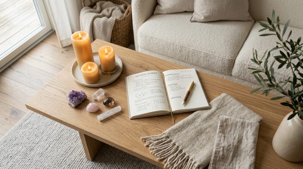 Overhead flat lay composition of a living room coffee table 