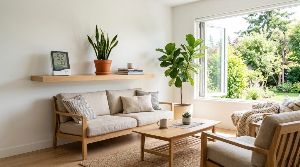 Well-lit interior photograph of modern living room with open