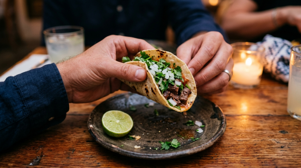 Close-up detail shot of hands holding a vibrant Mexican stre