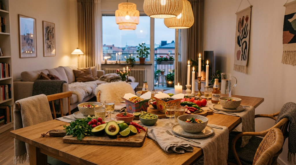 Cozy Scandinavian apartment interior at dusk with a dining t
