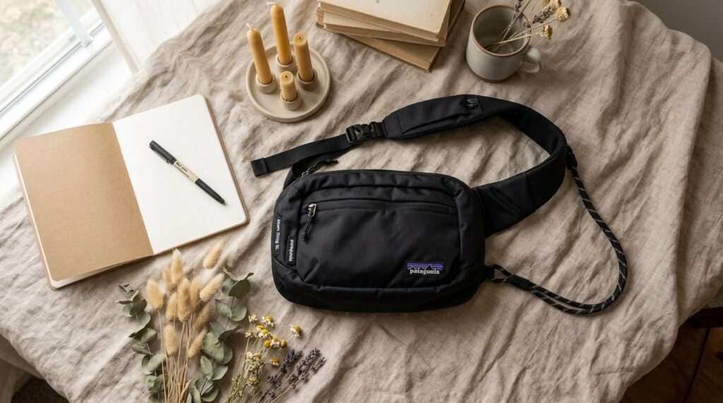 Flat lay overhead shot of Patagonia Atom Sling Bag 8L in bla