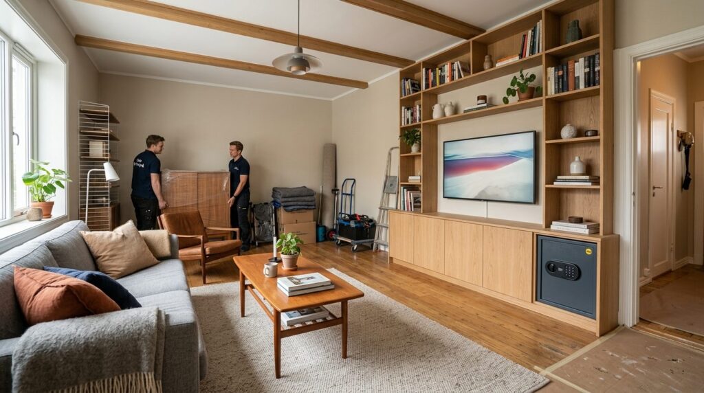 Wide shot of a beautifully decorated cozy living room with i
